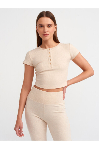 31022 Button Detail Crop Top - Beige Melange - 13