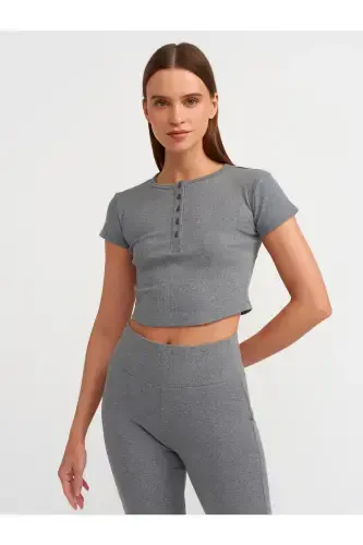 31022 Button Detailed Crop Top-Anthracite-Anthracite - 1