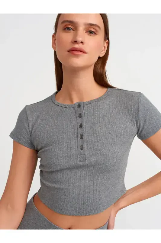 31022 Button Detailed Crop Top-Anthracite-Anthracite - 4