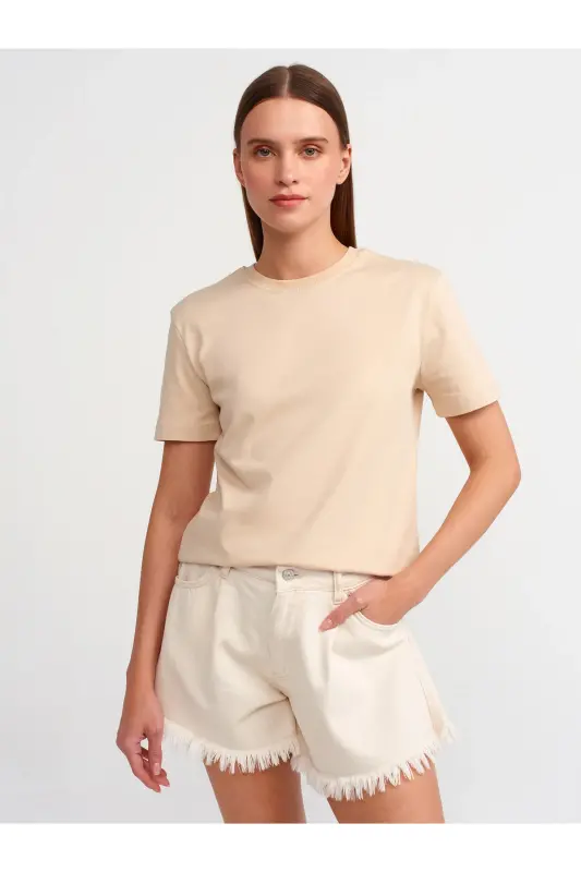 31069 Cotton Crew Neck T-shirt - Light Beige - light beige - DILVIN