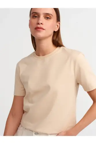 31069 Pamuklu Bisiklet Yaka T-shirt- Açık Bej - açık bej - 4