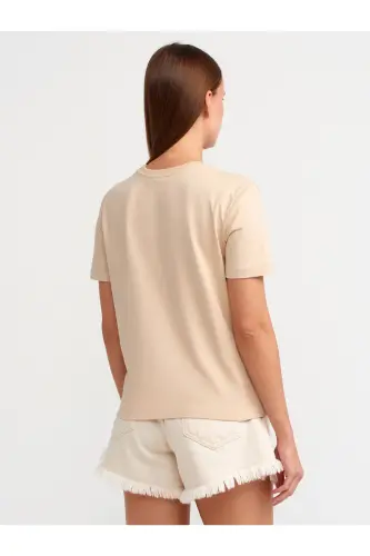 31069 Pamuklu Bisiklet Yaka T-shirt- Açık Bej - açık bej - Dilvin (1)