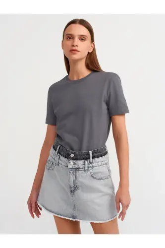 31069 Pamuklu Bisiklet Yaka T-shirt-füme - 4