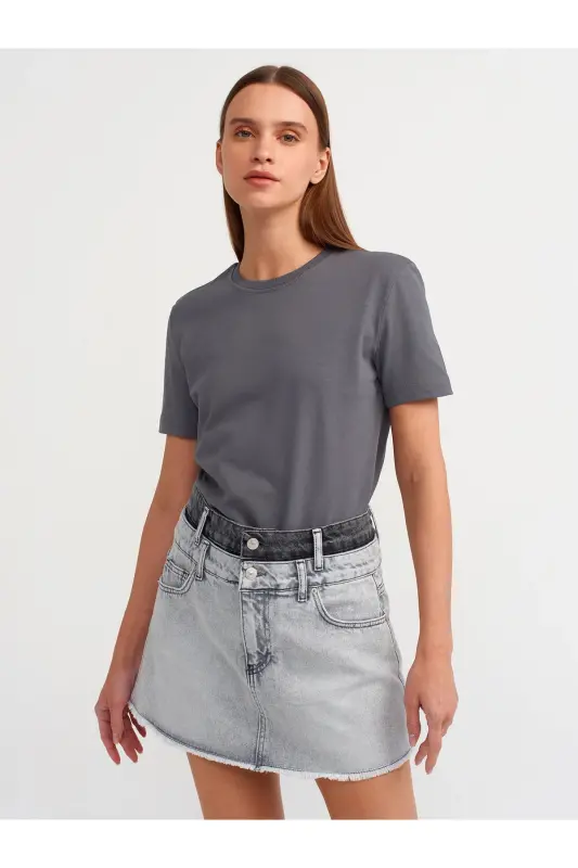 31069 Pamuklu Bisiklet Yaka T-shirt-füme - 4