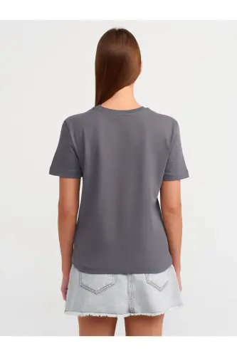 31069 Pamuklu Bisiklet Yaka T-shirt- füme-Füme - 2