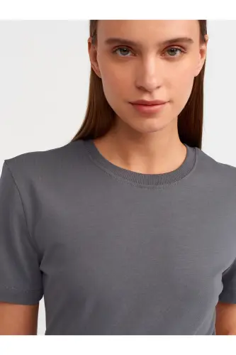 31069 Pamuklu Bisiklet Yaka T-shirt- füme-Füme - 4