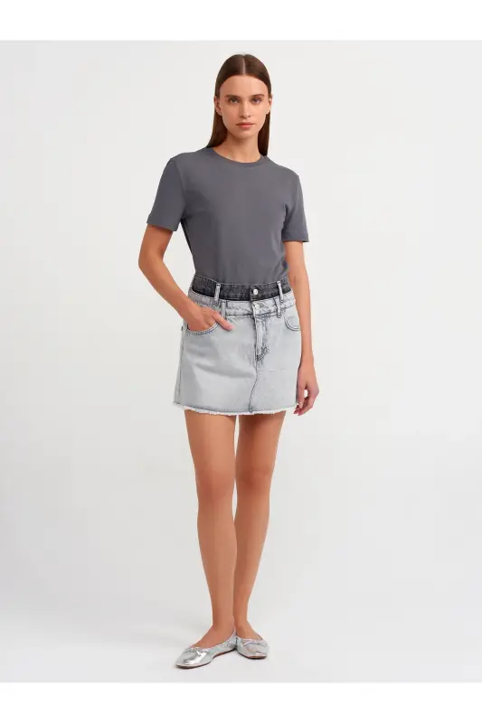 31069 Pamuklu Bisiklet Yaka T-shirt-füme - 2