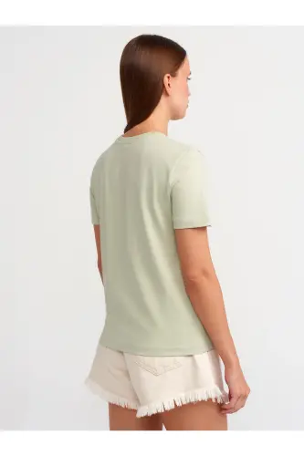 31069 Pamuklu Bisiklet Yaka T-shirt-Mint-Mint - 2