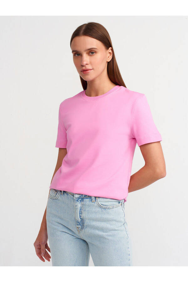 31069 Pamuklu Bisiklet Yaka T-shirt- Pembe-Pembe - 5