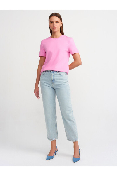 31069 Pamuklu Bisiklet Yaka T-shirt- Pembe-Pembe - 3