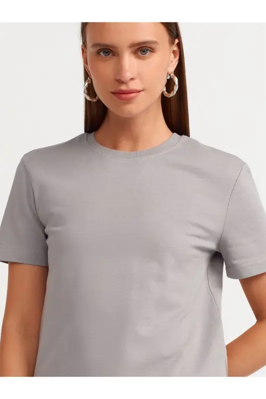 31069 Pamuklu Bisiklet Yaka T-shirt- Gri-Gri - 4