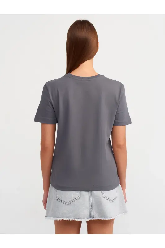 31069 Paxtalik Velosiped Yoqali T-shirt- tutun rang-Tutun rang - 2