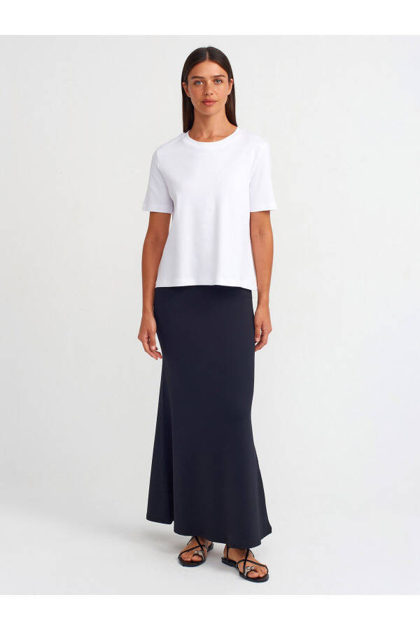 31142 Dumaloq Yaxali Paxta T-shirt-oq - 15