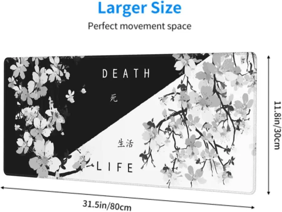 Black White Cherry Blossom Mouse Pad 31.5 X 11.8 Inch XL Japanese Art Style Sakura Design Extended Gaming Mousepad Large Non-Slip Rubber Base Keyboard Desk Mat with Stitched Edges for Gaming Office-CHERRYBLOSSOM5 - 3