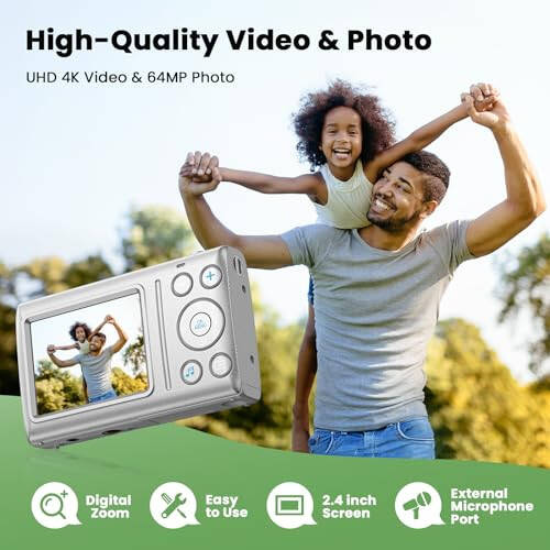 32 GB Kartlı 4K Dijital Kamera 64 MP Nokta ve Çek Video Kameraları 18X Yakınlaştırma 2 Pil Taşınabilir Küçük Vlog Kamerası Çocuk Öğrenci Genç Kız Erkek Beyaz - 3