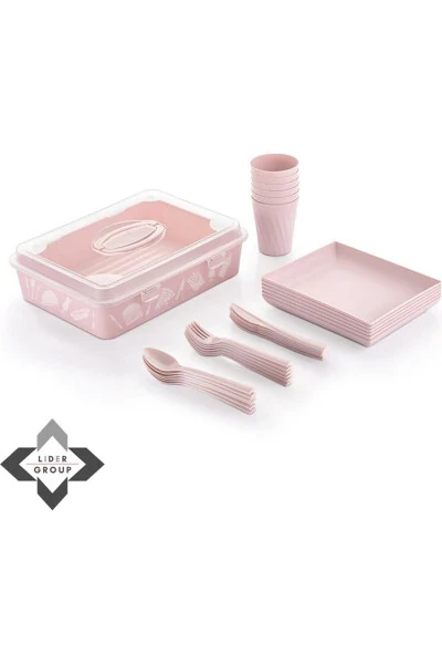 32 Parça 6 Kişilik Çantalı Magic Piknik Seti Piknikseti-PEMBE - Modazone (1)