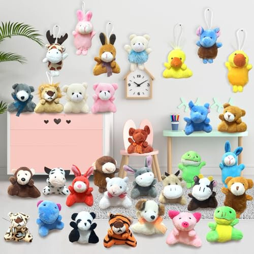 32Pcs Mini Plush Animals Toy Set Assortment Bulk Stuffed Keychain Party Favors for Kids Small Animals Decorations Toys Easter Carnival Prizes Christmas Birthday Goodie Bag Fillers - 6