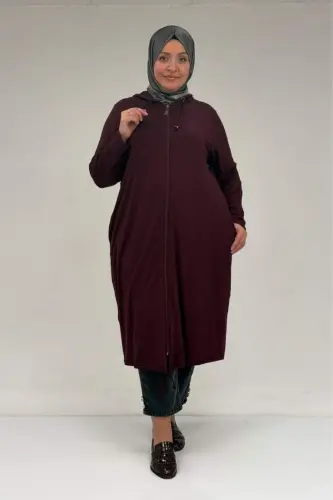 33008 Büyük Beden Fermuarlı Penye Kap - Bordo - 1