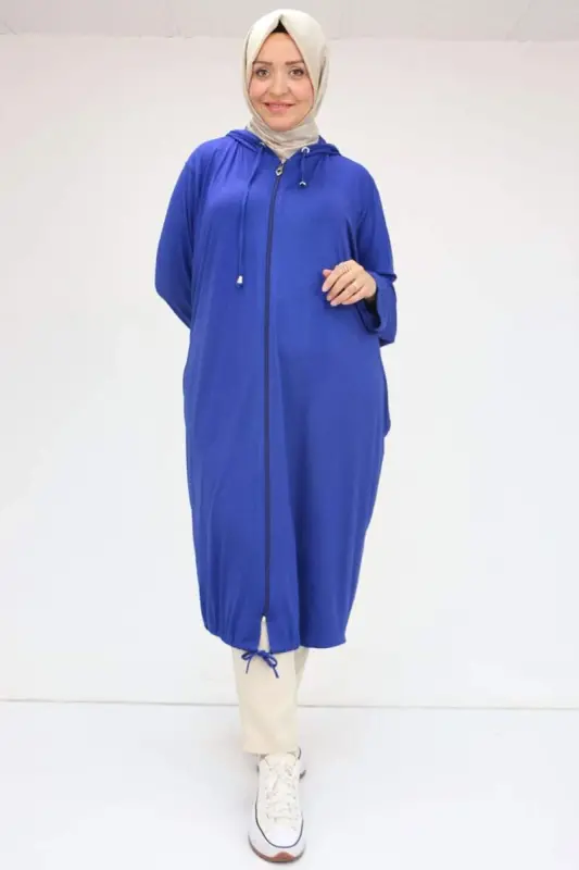 33008 Büyük Beden Fermuarlı Penye Kap - İndigo - 2