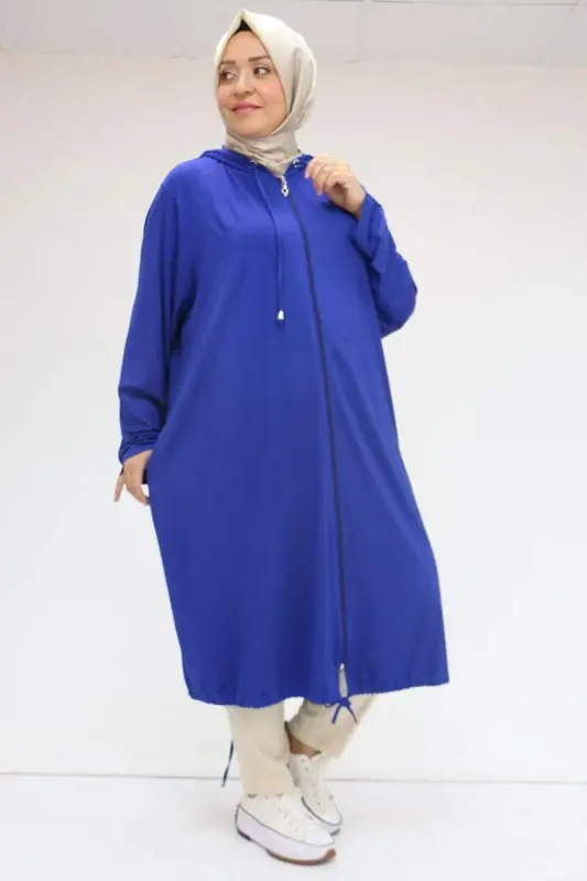 33008 Büyük Beden Fermuarlı Penye Kap - İndigo - 1