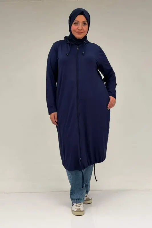 33008 Büyük Beden Fermuarlı Penye Kap - Lacivert - BÜYÜKBEDENIZ