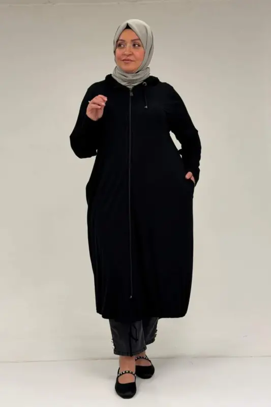 33008 Büyük Beden Fermuarlı Penye Kap - Siyah - 1