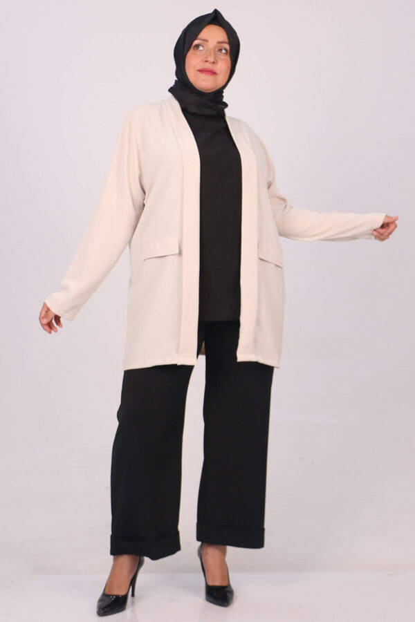 33027-1 Plus Size Double Layer Crepe Buttonless Jacket - Cream - 1