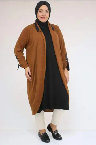 33056 Plus Size Honeycomb Knit Waterport Detailed Jacket - Taupe - 1