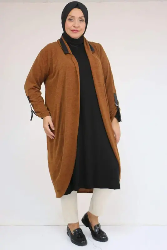 33056 Plus Size Honeycomb Knit Waterport Detailed Jacket - Taupe - 1