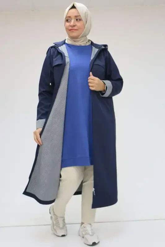 33068 Plus Size Hooded Bondit Coat-Navy Blue - BÜYÜKBEDENIZ