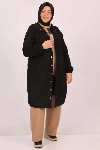 33095 Plus Size Snap Fastener Elastic Hem Three Thread Coat - Black - 1