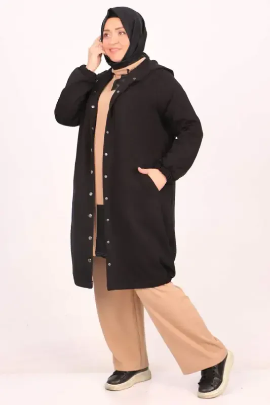 33095 Plus Size Snap Fastener Elastic Hem Three Thread Coat - Black - 3