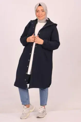 33095 Plus Size Snap Fastener Elastic Hem Three Thread Coat - Navy Blue - 1