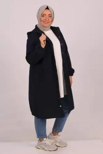 33095 Plus Size Snap Fastener Elastic Hem Three Thread Coat - Navy Blue - 3