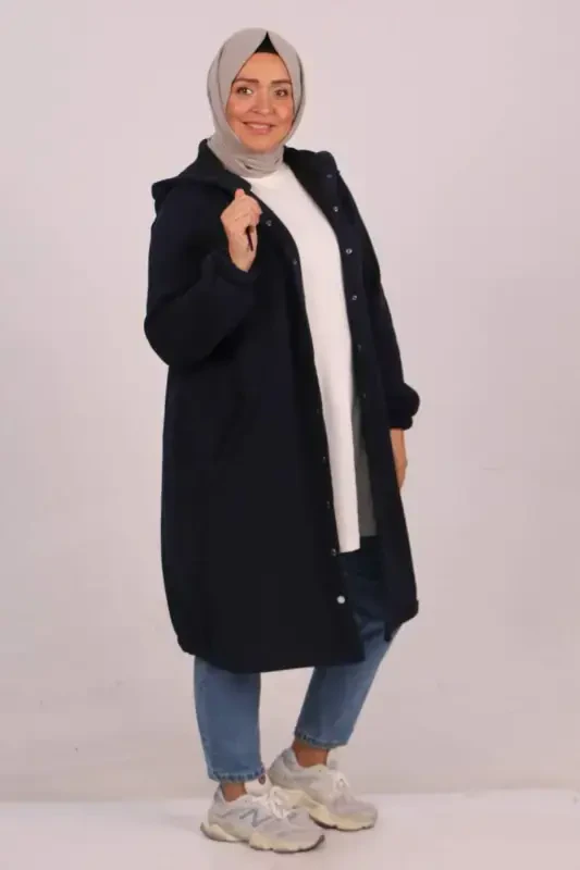33095 Plus Size Snap Fastener Elastic Hem Three Thread Coat - Navy Blue - 3
