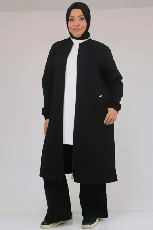 33096 Plus Size Zippered Three Thread Coat - Black - BÜYÜKBEDENIZ