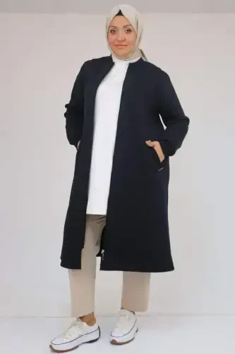 33096 Plus Size Zippered Three Thread Coat - Navy Blue - 1