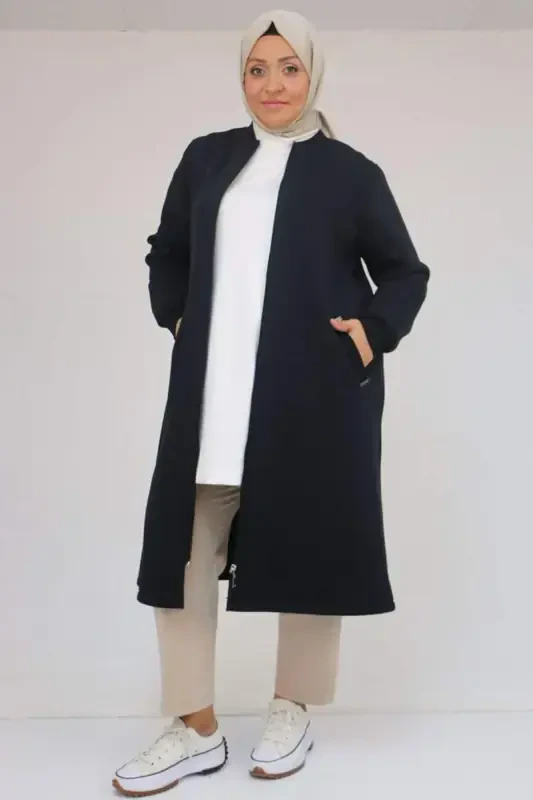 33096 Plus Size Zippered Three Thread Coat - Navy Blue - 1