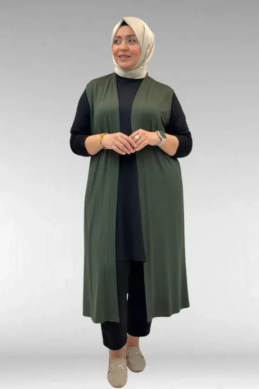 34000 Büyük Beden Penye Giy-Çık Yelek - Haki - 1