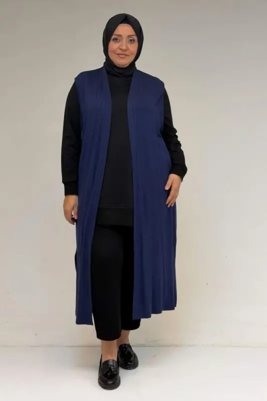 34000 Büyük Beden Penye Giy-Çık Yelek - İndigo - BÜYÜKBEDENIZ