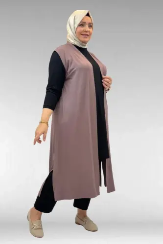 34000 Büyük Beden Penye Giy-Çık Yelek - Vizon - 1