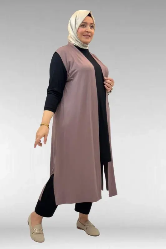 34000 Büyük Beden Penye Giy-Çık Yelek - Vizon - BÜYÜKBEDENIZ