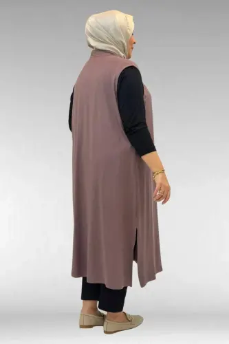 34000 Büyük Beden Penye Giy-Çık Yelek - Vizon - 3