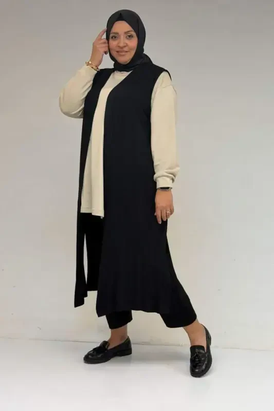 34000 Plus Size Knitted Cardigan - Black - BÜYÜKBEDENIZ