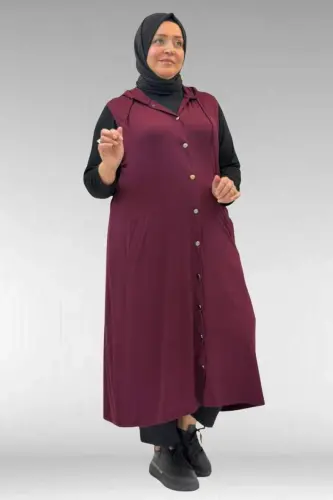 34001 Büyük Beden Çıtçıtlı Kapüşonlu Penye Yelek - Bordo - 3