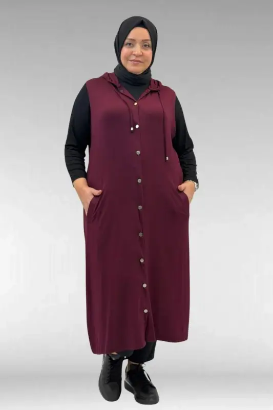 34001 Büyük Beden Çıtçıtlı Kapüşonlu Penye Yelek - Bordo - BÜYÜKBEDENIZ