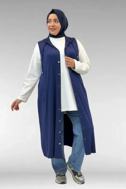 34001 Büyük Beden Çıtçıtlı Kapüşonlu Penye Yelek - İndigo - 3