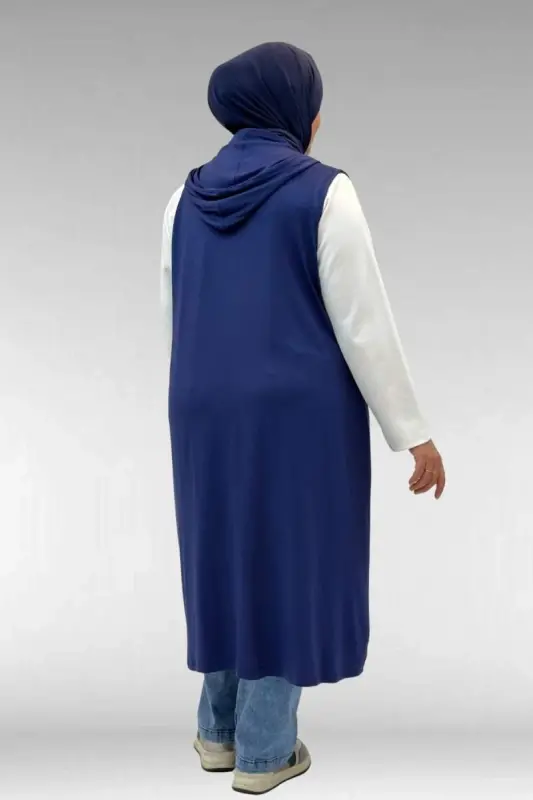 34001 Büyük Beden Çıtçıtlı Kapüşonlu Penye Yelek - İndigo - 4