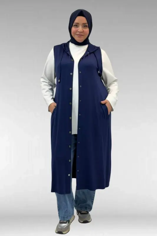 34001 Büyük Beden Çıtçıtlı Kapüşonlu Penye Yelek - İndigo - BÜYÜKBEDENIZ