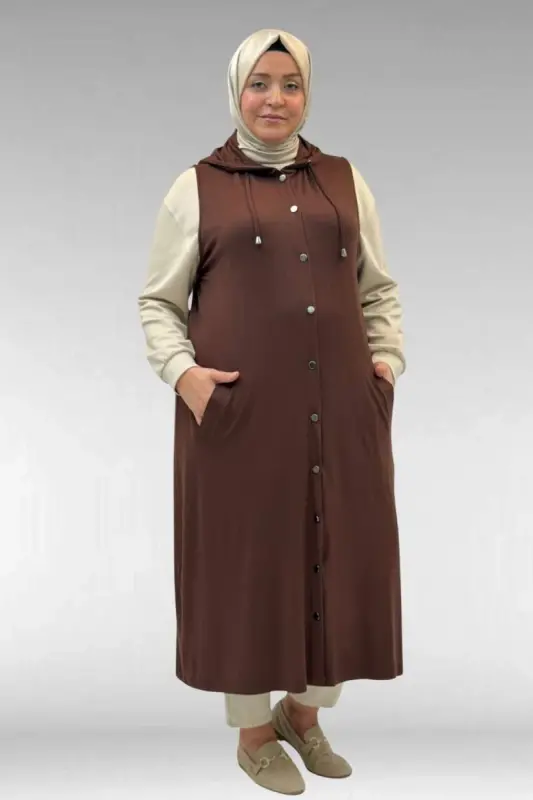 34001 Büyük Beden Çıtçıtlı Kapüşonlu Penye Yelek - Kahverengi - BÜYÜKBEDENIZ